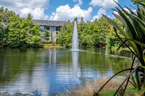 a fountain in a pond at Verano apartments