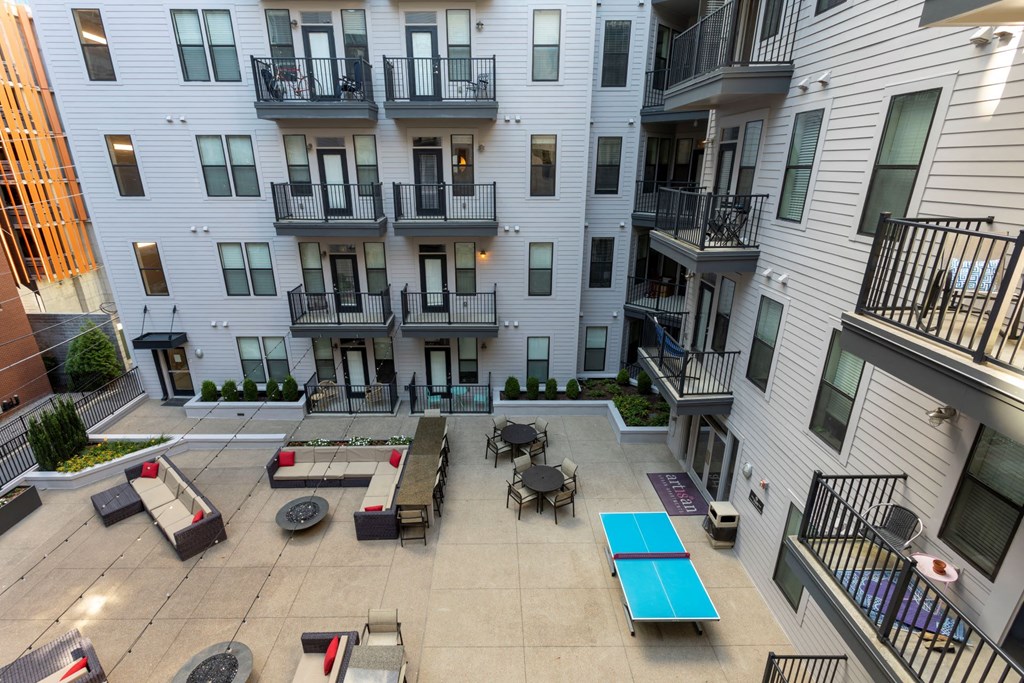 aerial view of courtyard with ping pong at Artisan on 18th, Nashville, TN, 37203