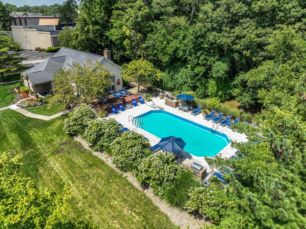 an aerial view of a swimming pool