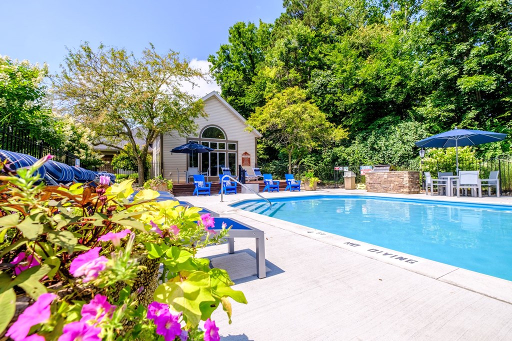 a swimming pool with sunning deck