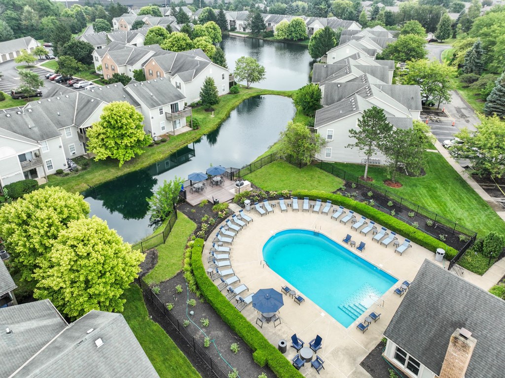 an aerial view of a resort style swimming pool with chaise lounge chairs and umbrellas