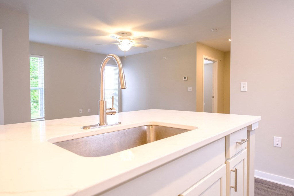 a kitchen with a custom sink and designer countertops
