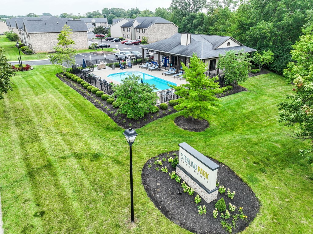 an aerial view of a swimming pool