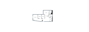 A floor plan of a house with a kitchen, living room, and two bedrooms.
