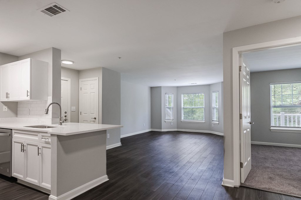spacious, open-concept living and kitchen at Ellington Metro West apartments