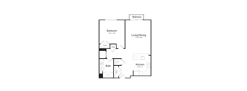 A floor plan of a home with a bedroom, bath, living/dining area, and kitchen.