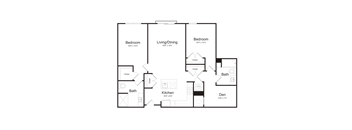 A floor plan of a home with three bedrooms, a living/dining area, a kitchen, a bath, and a den.