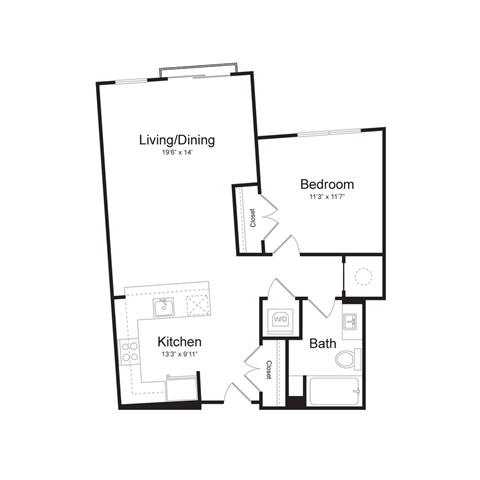 a floor plan of a one bedroom apartment with a bedroom and a living room
