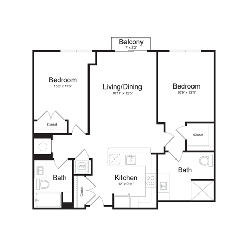 a floor plan of a two bedroom apartment with a living room and balcony