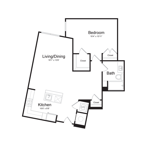 a floor plan of a studio apartment with a bedroom and a living room