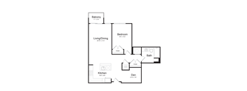 a floor plan of an apartment with a bedroom and a living room with balcony