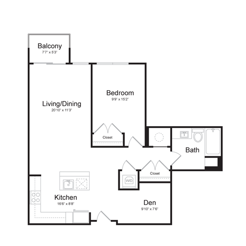 a floor plan of an apartment with a bedroom and a living room with balcony