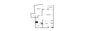 a floor plan of a 1 bedroom apartment with a bedroom, living room, and balcony