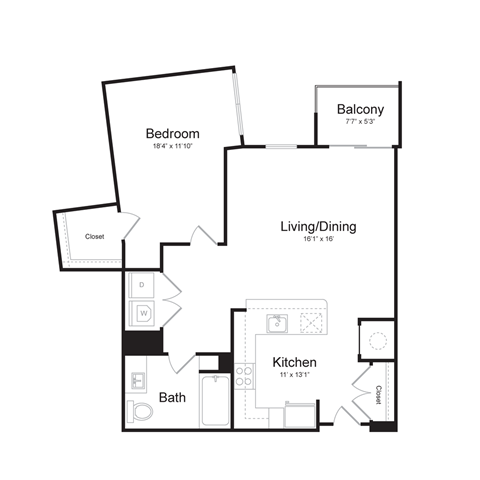a floor plan of a 1 bedroom apartment with a bedroom, living room, and balcony
