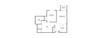 a floor plan of an apartment with a bedroom, living room and balcony