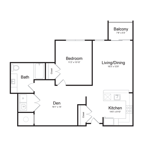 a floor plan of an apartment with a bedroom, living room and balcony