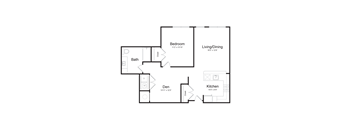 a floor plan of a one bedroom apartment with a bedroom, den, and a living room