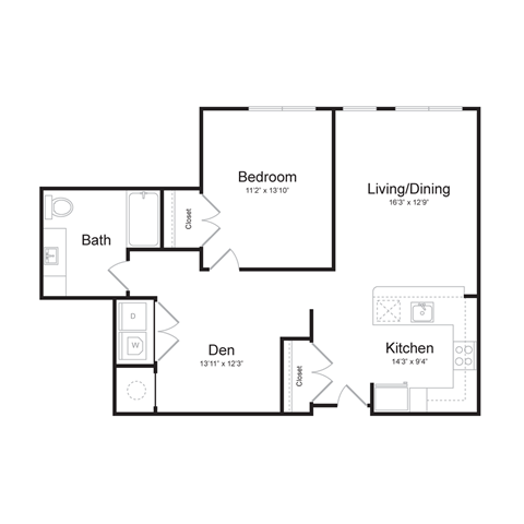 a floor plan of a one bedroom apartment with a bedroom, den, and a living room