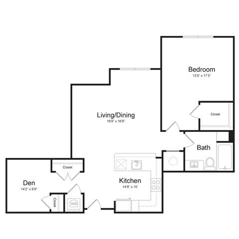 a floor plan of an apartment with a bedroom and a living room and den
