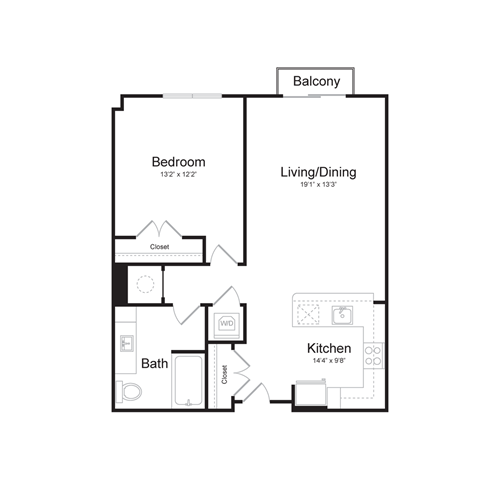 a floor plan of a 1 bedroom apartment with a bedroom and a living room