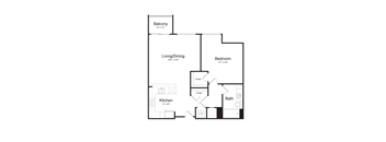 a floor plan of a 1 bedroom apartment with a bedroom, living room and balcony