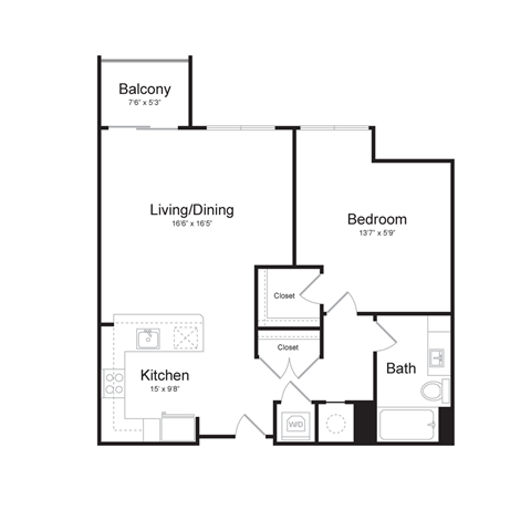 a floor plan of a 1 bedroom apartment with a bedroom, living room and balcony