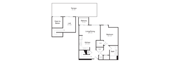 a floor plan of a loft apartment with a bedroom, living room, and outdoor terrace
