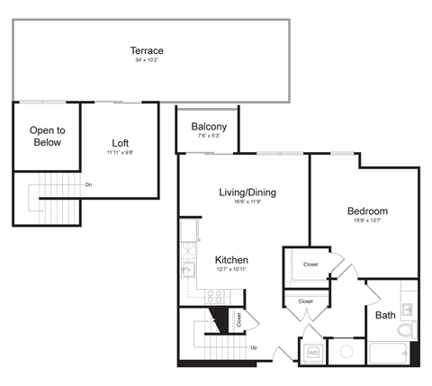 a floor plan of a loft apartment with a bedroom, living room, and outdoor terrace