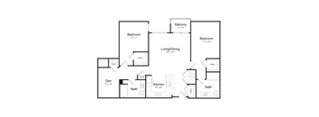 a floor plan of an apartment with two bedrooms, a living room, den, and balcony