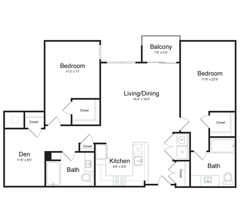 a floor plan of an apartment with two bedrooms, a living room, den, and balcony