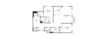 a floor plan of a 2 bedroom apartment with a den,  living room and balcony