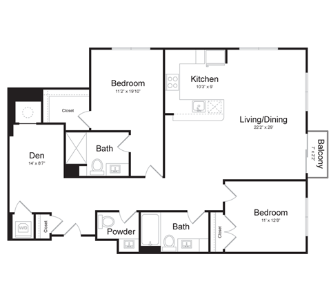 a floor plan of a 2 bedroom apartment with a den,  living room and balcony