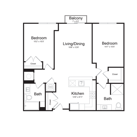 this is a drawing of a floor plan of a 2 bedroom apartement with balcony