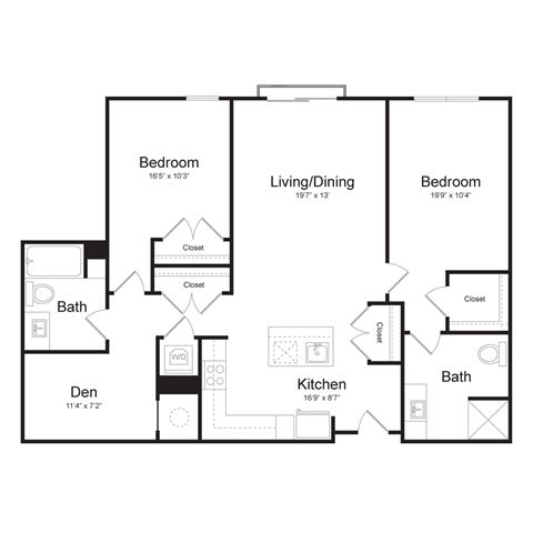 a floor plan of an apartment with two bedrooms and a living room