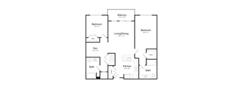 a floor plan of an apartment with two bedrooms. a living room, den, and balcony