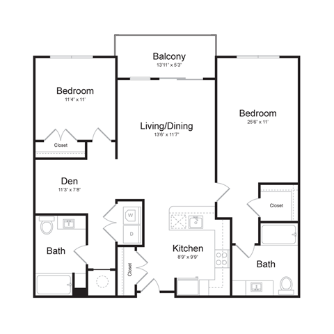 a floor plan of an apartment with two bedrooms. a living room, den, and balcony