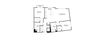 a floor plan of a 2 bedroom apartment with with two bedrooms, a living room and a balcony