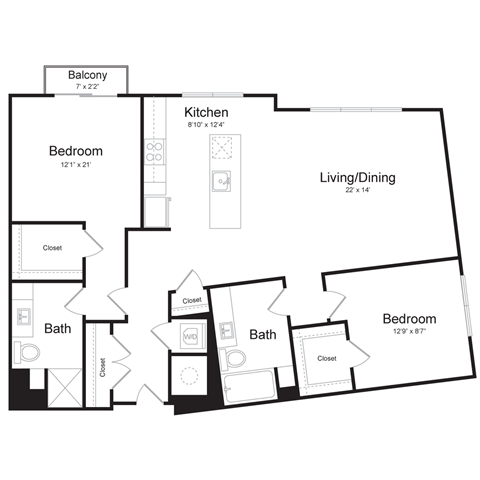 a floor plan of a 2 bedroom apartment with with two bedrooms, a living room and a balcony