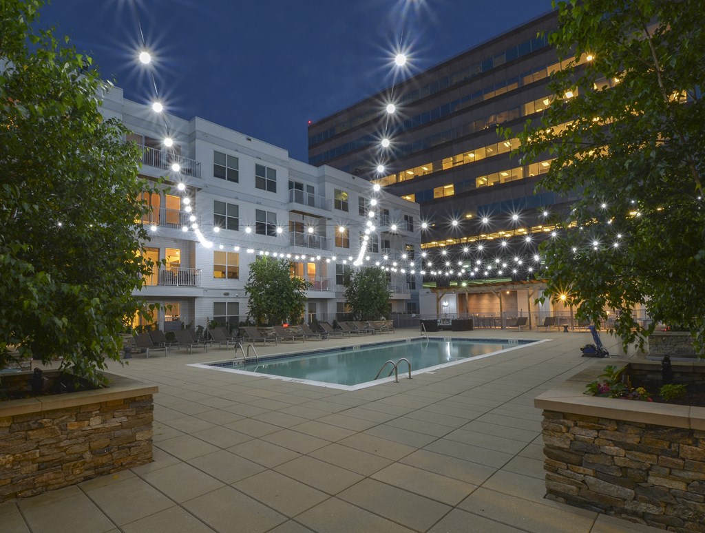 Pool at night with overhead string lighting, lush landscaping and lounge chairs around pool