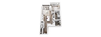 A white interior of a house with a kitchen, living room, and bathroom.