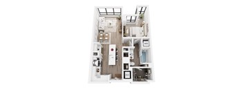 A top down view of a small apartment with a kitchen, living room, and bathroom.