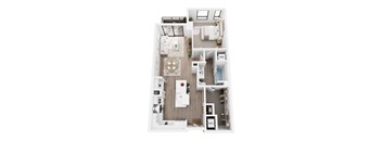 A top down view of a small apartment with a kitchen, living room, and bathroom.