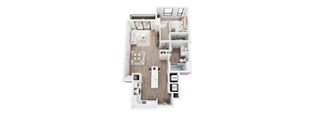 A white floor plan of a house with a kitchen, living room, and bathroom.
