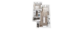 A top down view of a white interior with a kitchen, living room, and bathroom.