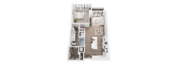 A top down view of a small apartment with a kitchen, living room, and bathroom.