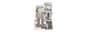 A top down view of a small apartment with a kitchen, living room, and bathroom.