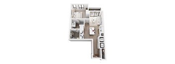 A white floor plan of a house with a kitchen, living room, and bathroom.