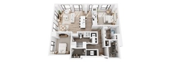 A top-down view of a modern, open-plan apartment with a kitchen, living room, dining area, and a separate guest room.