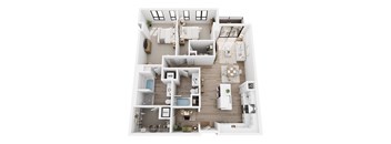 A top-down view of a well-organized kitchen and living room.