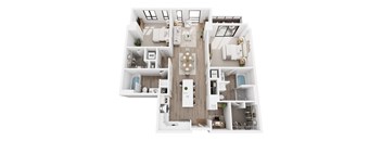 A top-down view of a modern apartment layout.